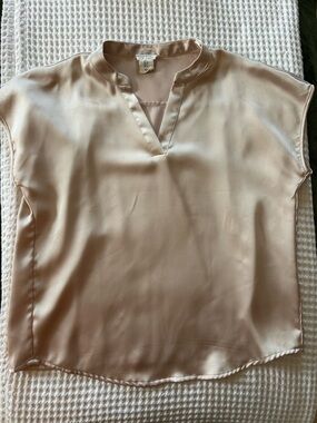 Nicole Miller Satin V-Neck Cap Sleeve Blouse in Nude Blush